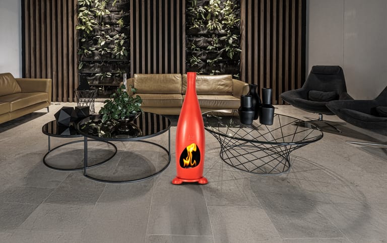 Biocamino Corneli rosso acceso in un soggiorno di design, atmosfera serale