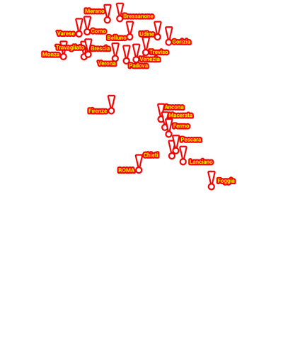 Mappa dei 21 punti vendita Corneli in Italia